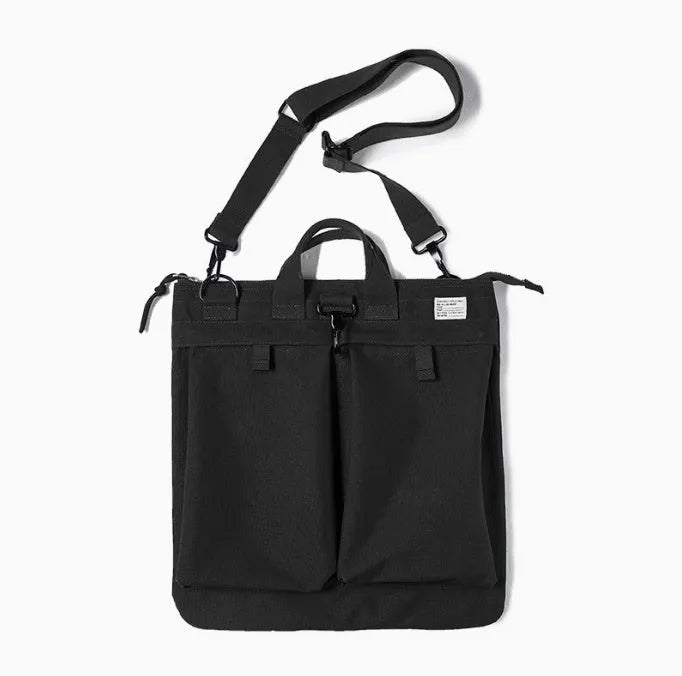 Canvas messenger bag with retro style, shoulder strap, and open showing 15-inch laptop compartment