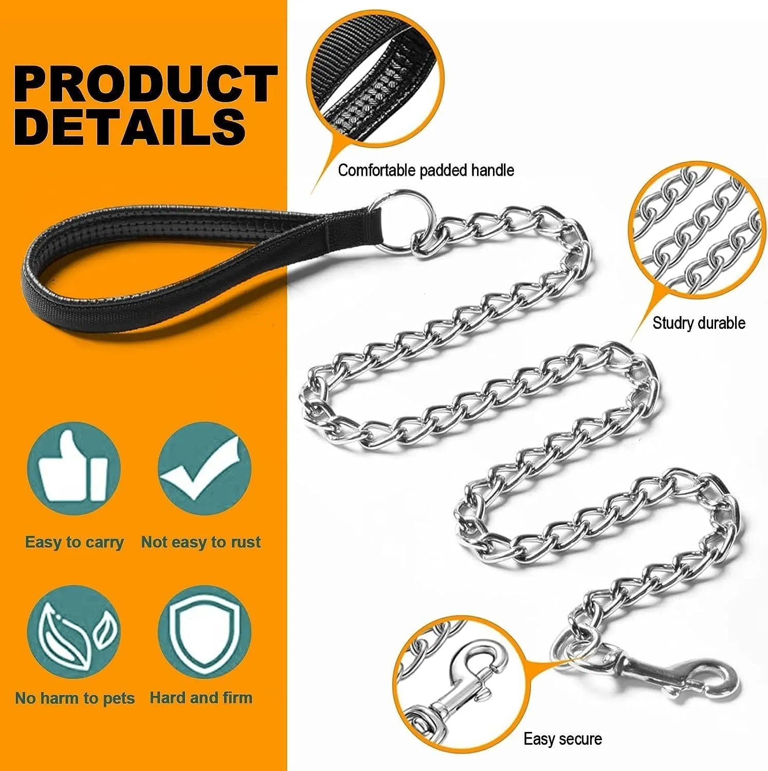 Heavy duty metal dog chain leash with a soft black padded handle, shown in red.