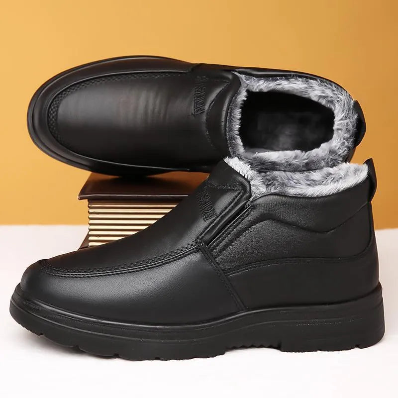 Men's black winter slip-on shoes with fleece lining and a non-slip rubber sole