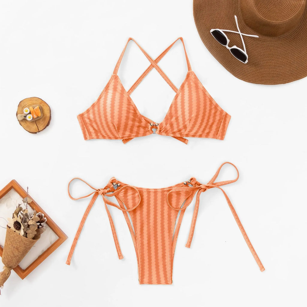 Women's jacquard lace-up bikini set in nylon fabric with backless design and split briefs