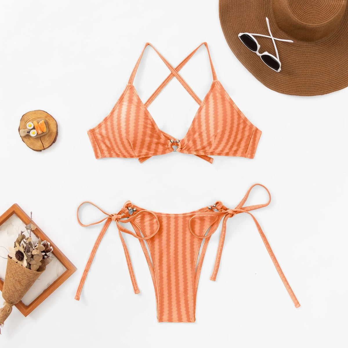 Women's jacquard lace-up bikini set in nylon fabric with backless design and split briefs