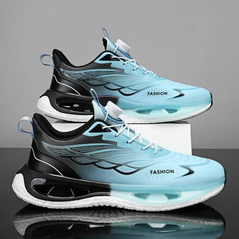 Men's low-top casual sneaker in light blue mesh with a round toe and flat rubber sole.