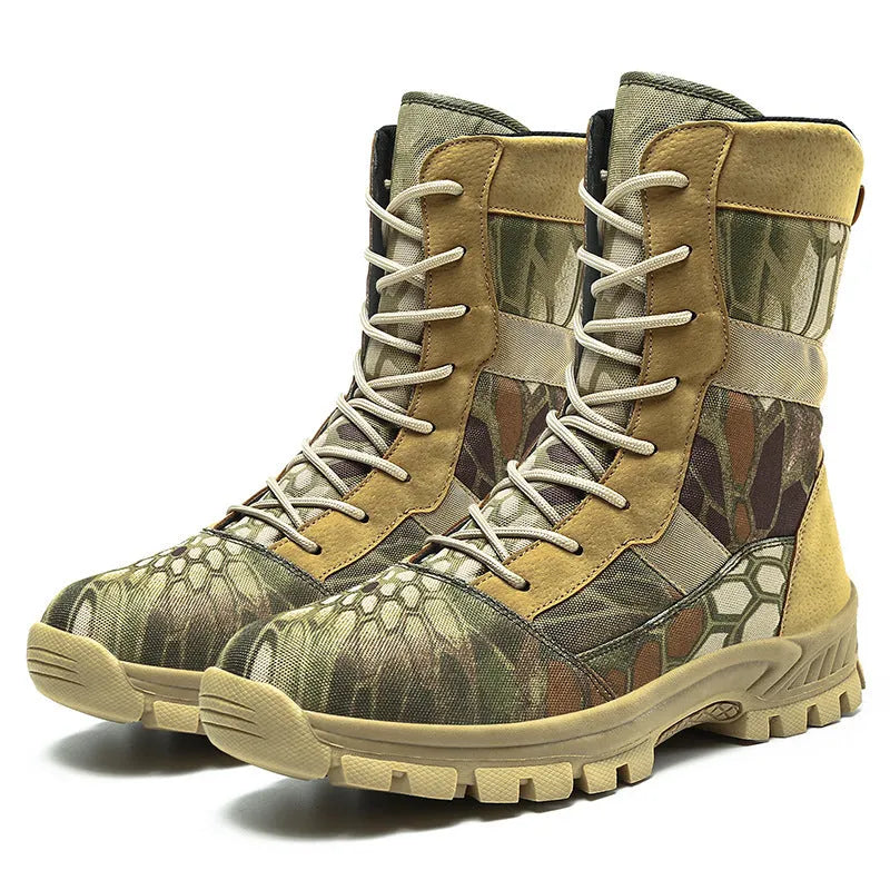 Men's black and camouflage high-top sports boots with mesh upper and totem detail.