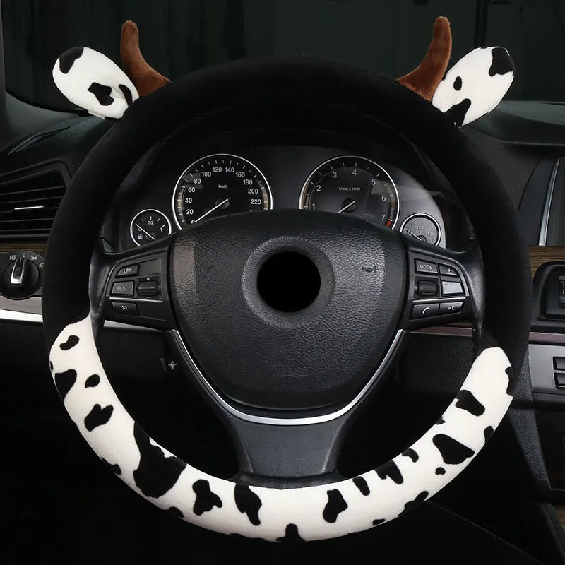 Short plush car steering wheel cover with protective handle in black colour