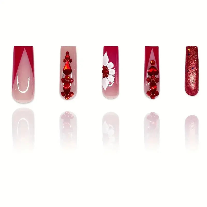 Sweet flowers temperament prismatic red diamond removable fake nails set with European square shape