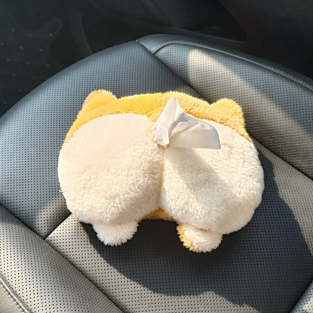 Yellow corgi butt-shaped soft pouch tissue box cover with elastic strap for car visor.