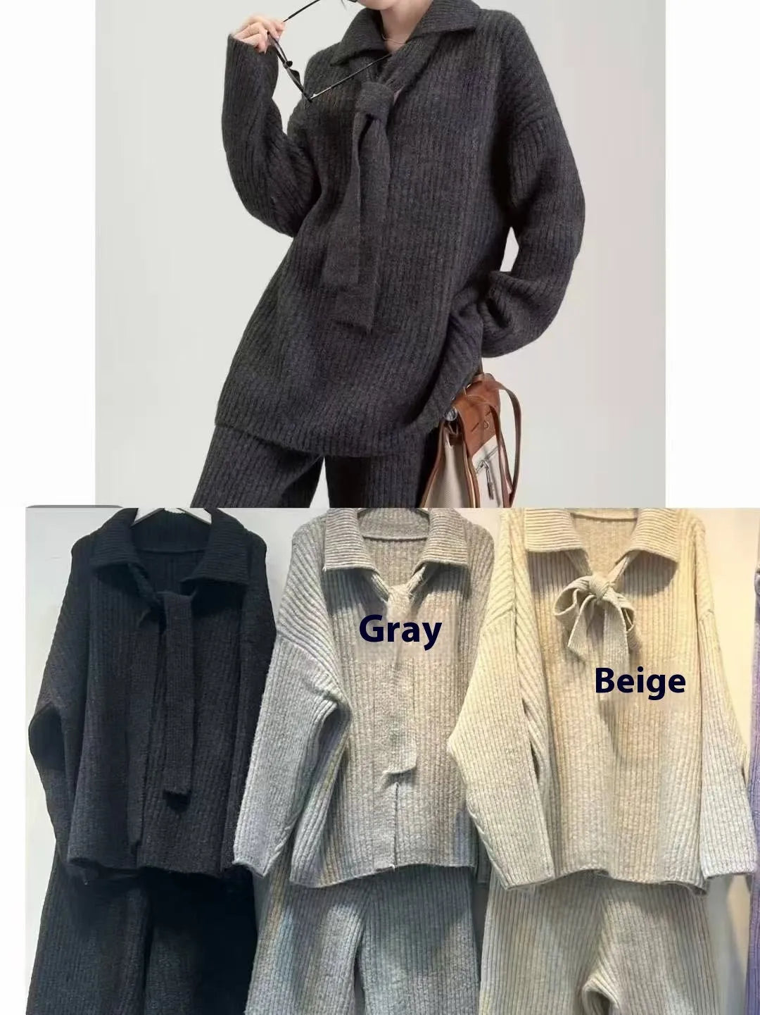 Women's imitation cashmere two-piece sweater set with knitted top and matching trousers in four colour options