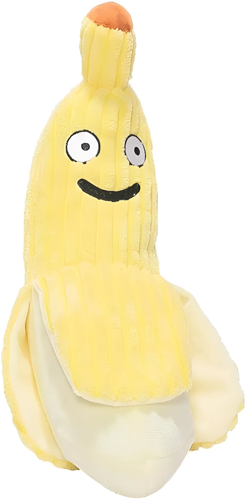 Yellow banana-shaped cat crinkle toy with plush fabric and velvet strip detailing