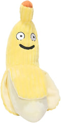 Yellow banana-shaped cat crinkle toy with plush fabric and velvet strip detailing
