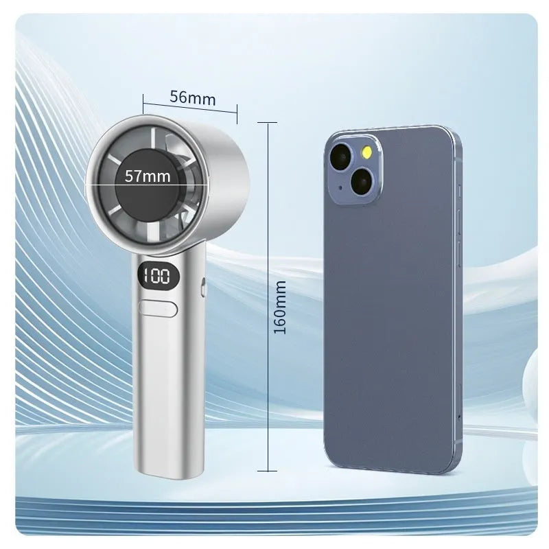 Handheld USB fan with six plastic blades showing variable speed control and available in four colours