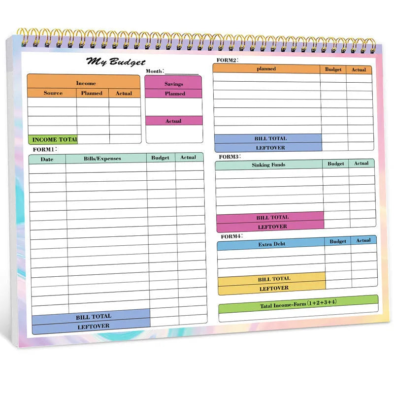 B5 size spiral-bound budget tally notebook with a PP cover, open on a table.