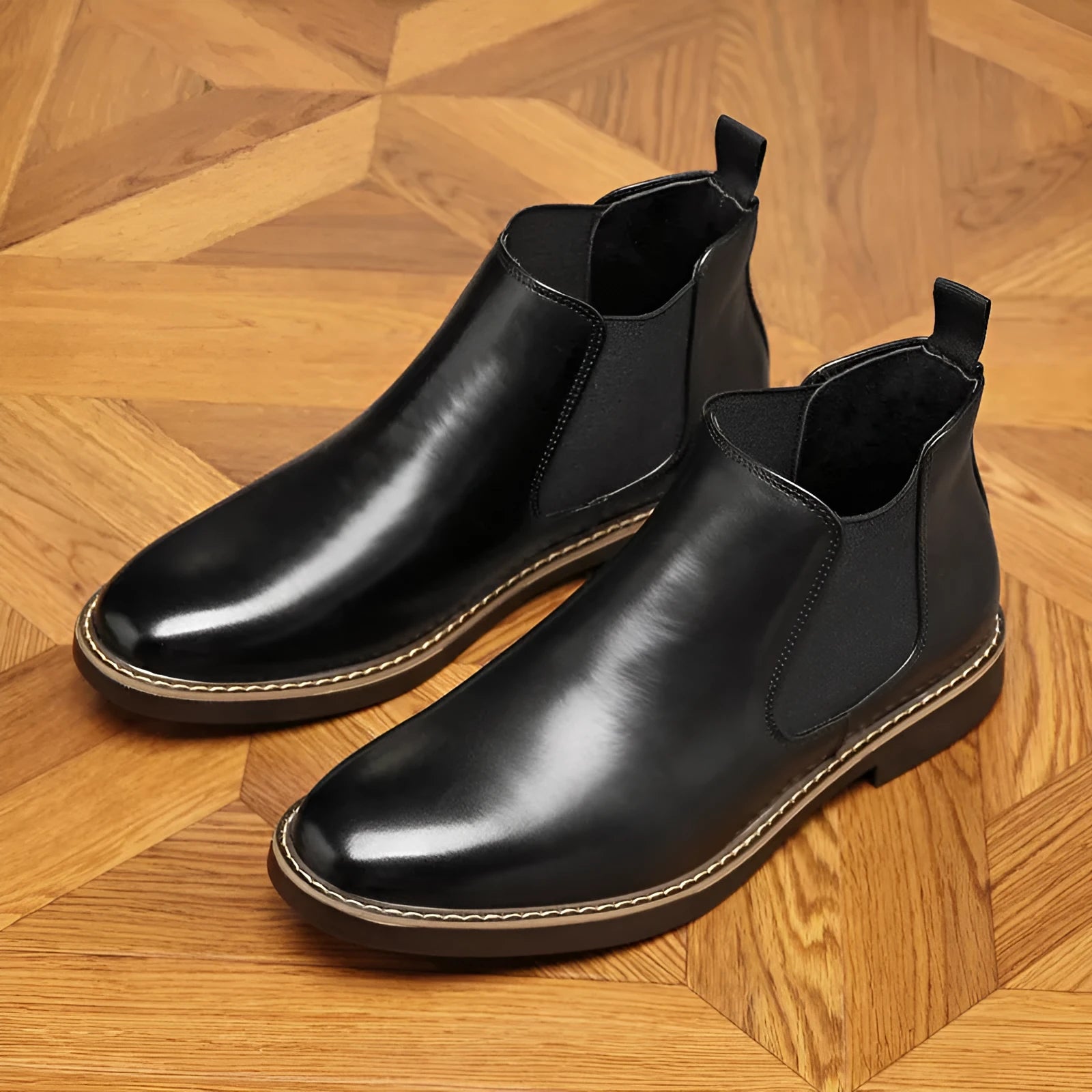 Men's black formal pointed-toe leather boots with square heel on a rubber sole