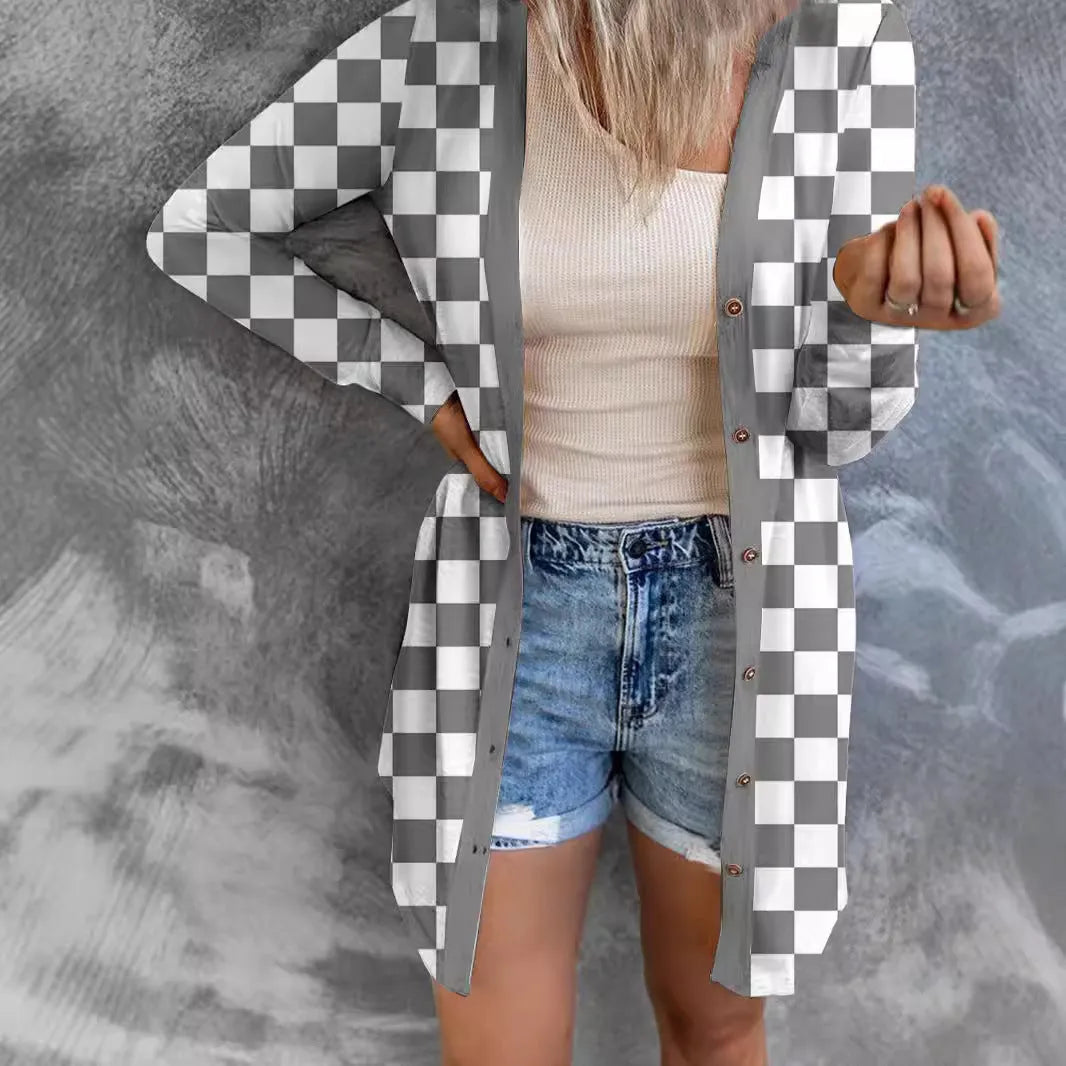Women's long plaid contrast colour knitted cardigan coat in loose fit street fashion style