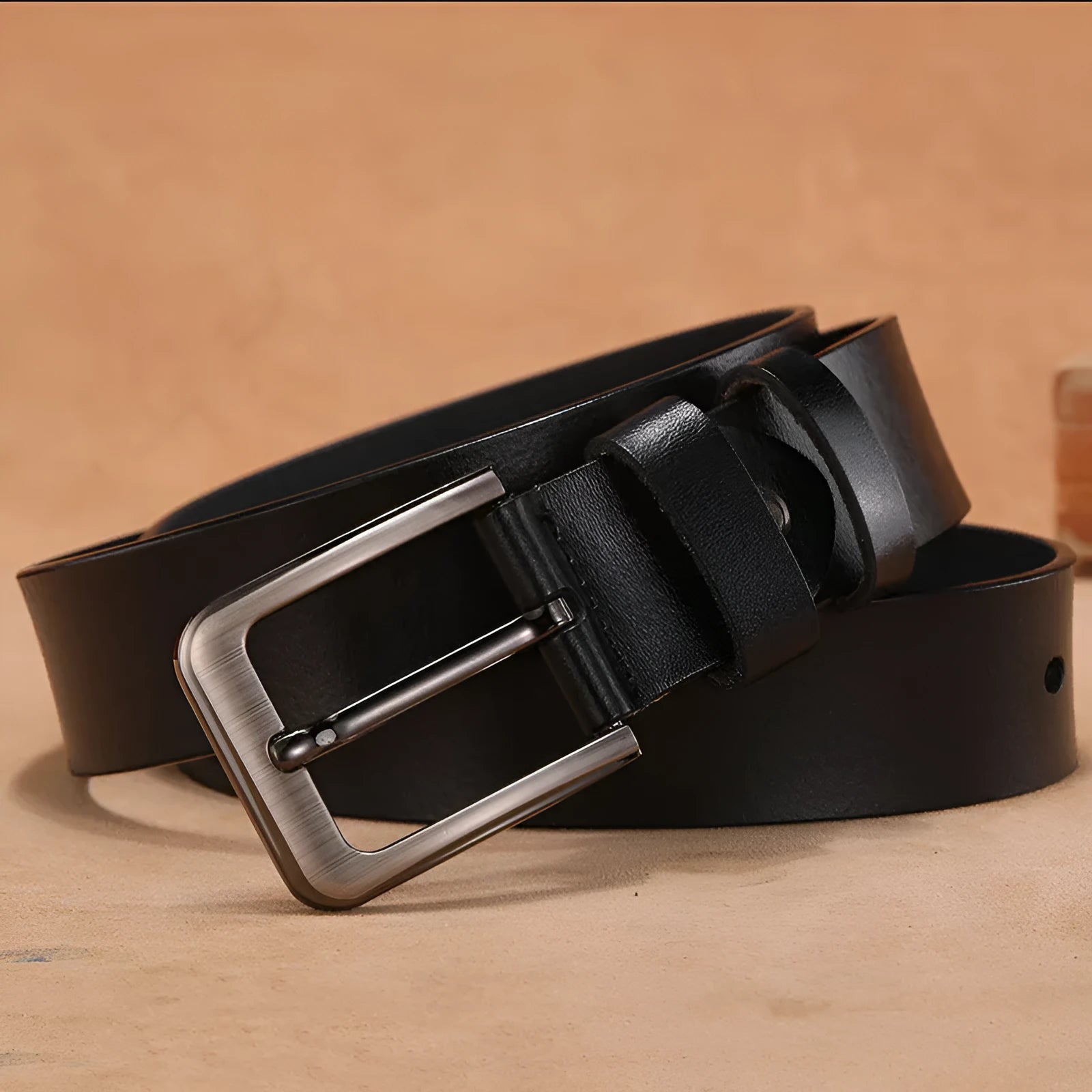 Square head pin buckle casual belt in black or brown with alloy closure and adjustable length