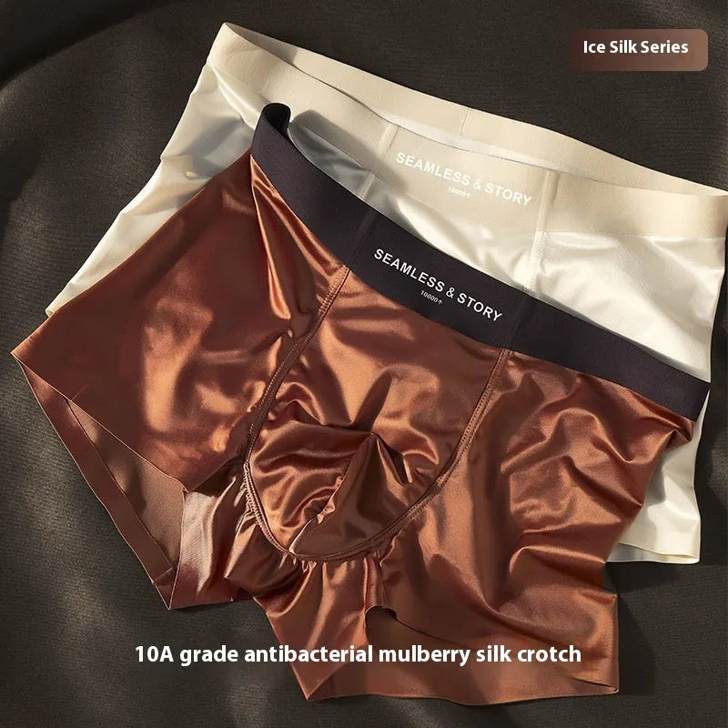 Men's Ice Silk satin knit underwear in mid-waist traceless design shown in coffee colour.