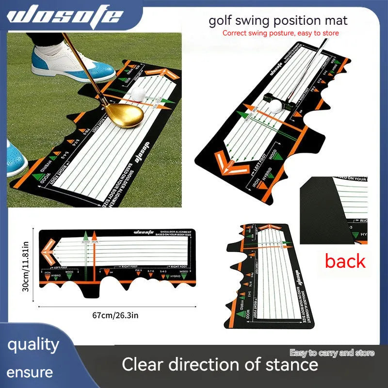 Black rectangular neoprene golf swing stance posture training pad on a green surface.
