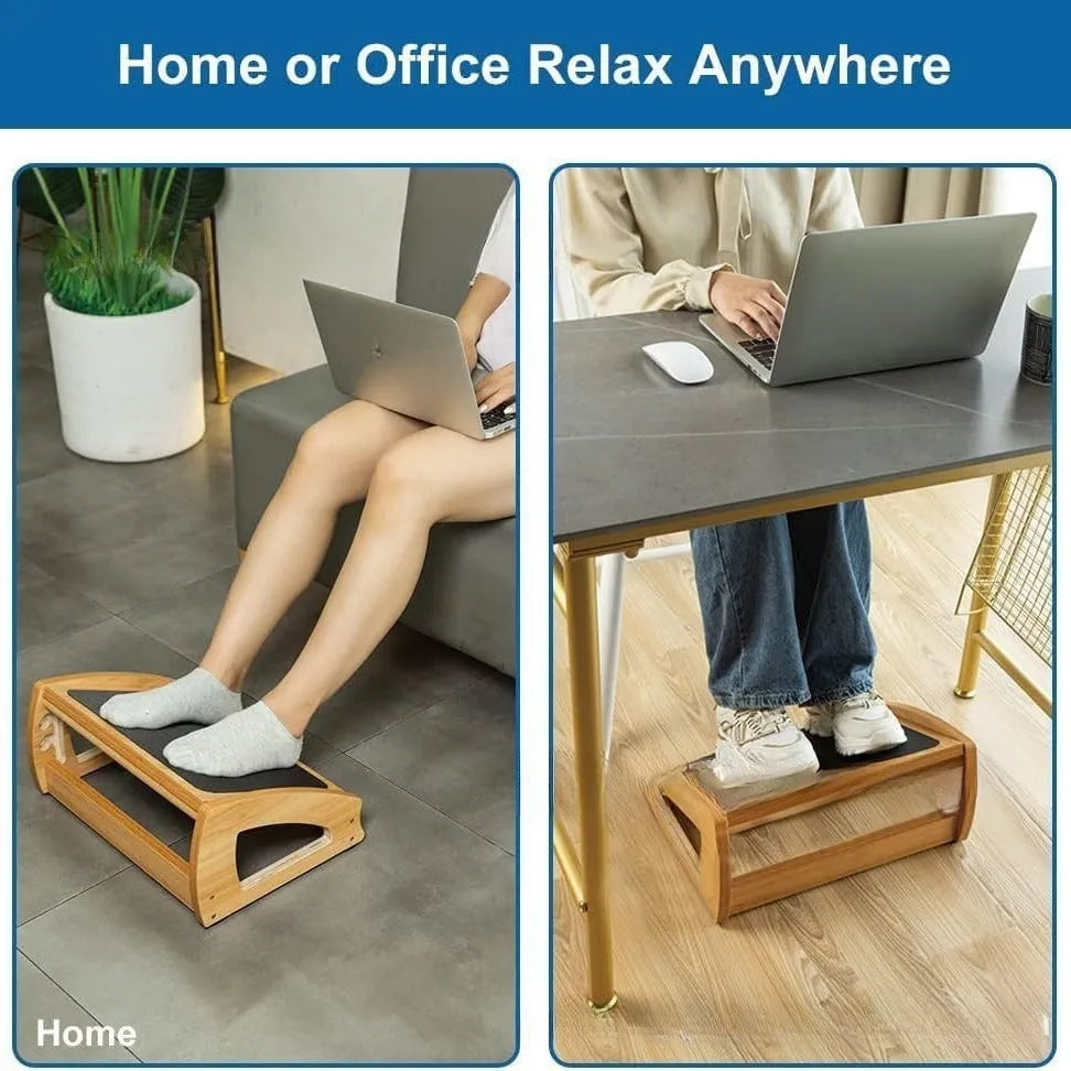 Natural wood colour bamboo adjustable footstool for under a desk.