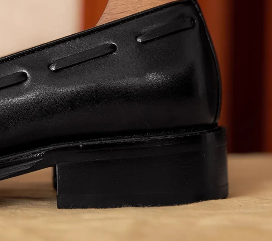 Men's black genuine leather slip-on loafers with rubber sole