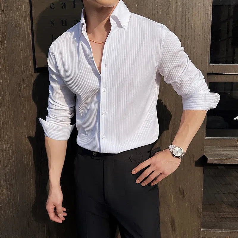 Men's dark stripes V-neck long sleeve casual shirt in chemical fibre blend fabric