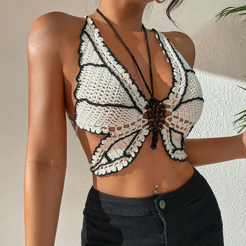 Women's classic black and white two-piece acrylic bikini swimsuit.
