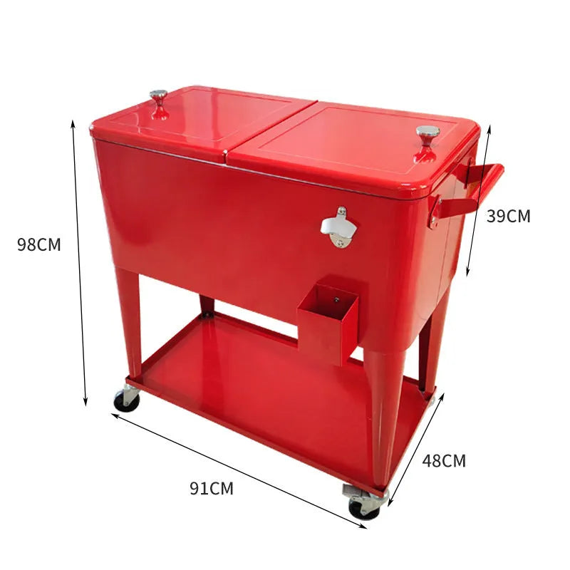 Red metal insulated trolley cooler with wheels and 750ml capacity for outdoor drinks.