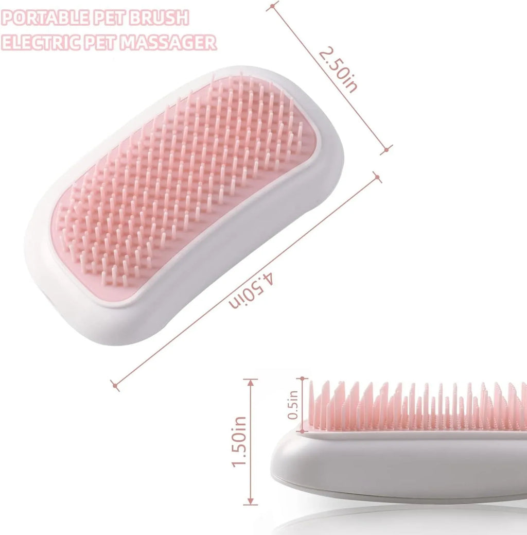 Pink handheld electric pet massage brush with soft teeth on a white background