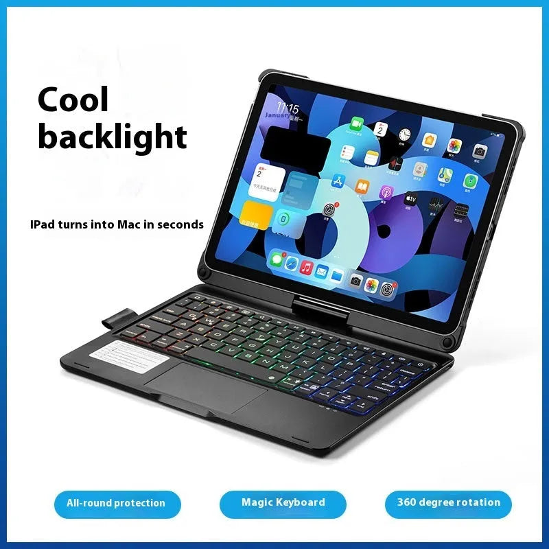 Silver 360-degree rotating Bluetooth keyboard attached to an iPad tablet showing its slim profile.