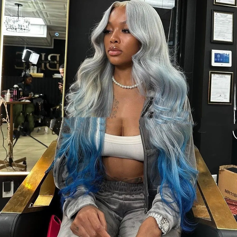 Women's grey to blue gradient human hair lace front wig in Ruili style on a mannequin head