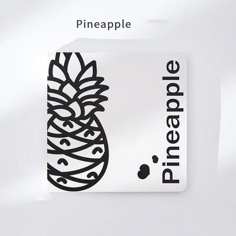 Square notebook with embossed fruit design cover, showing 14.5 cm dimensions and open pages.