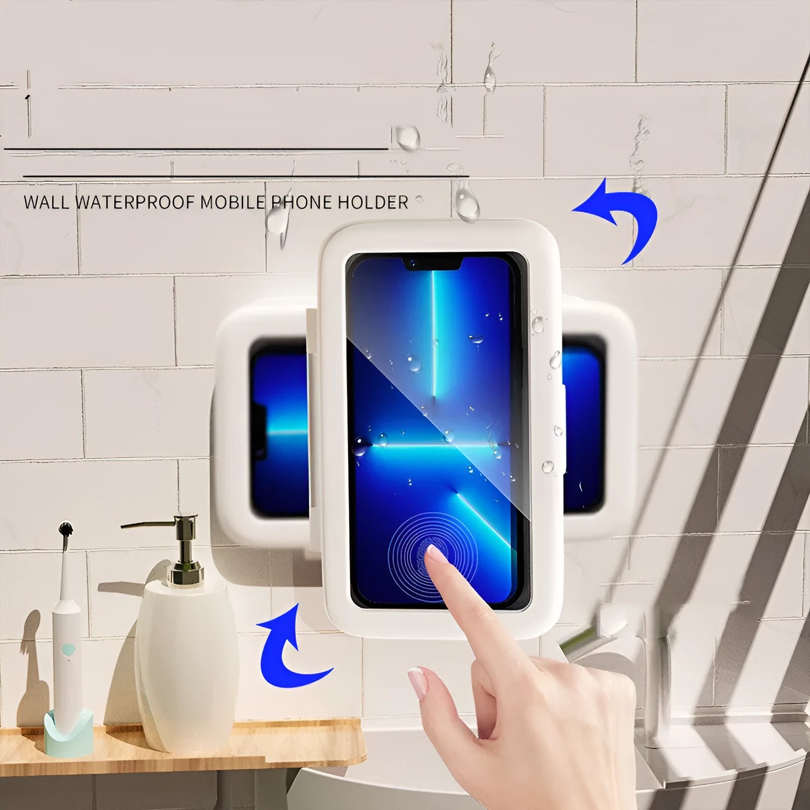 Waterproof plastic phone holder for shower with touch screen in black, pink, or white mounted on bathroom tile