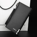 Men's long black PU leather wallet with a silver zipper closed