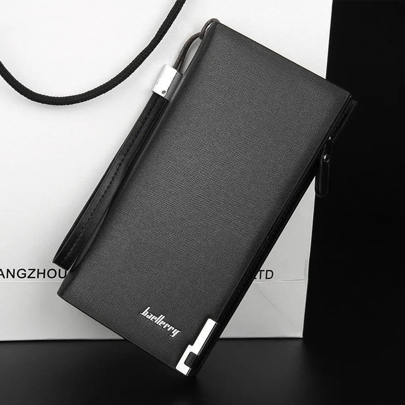 Men's long black PU leather wallet with a silver zipper closed