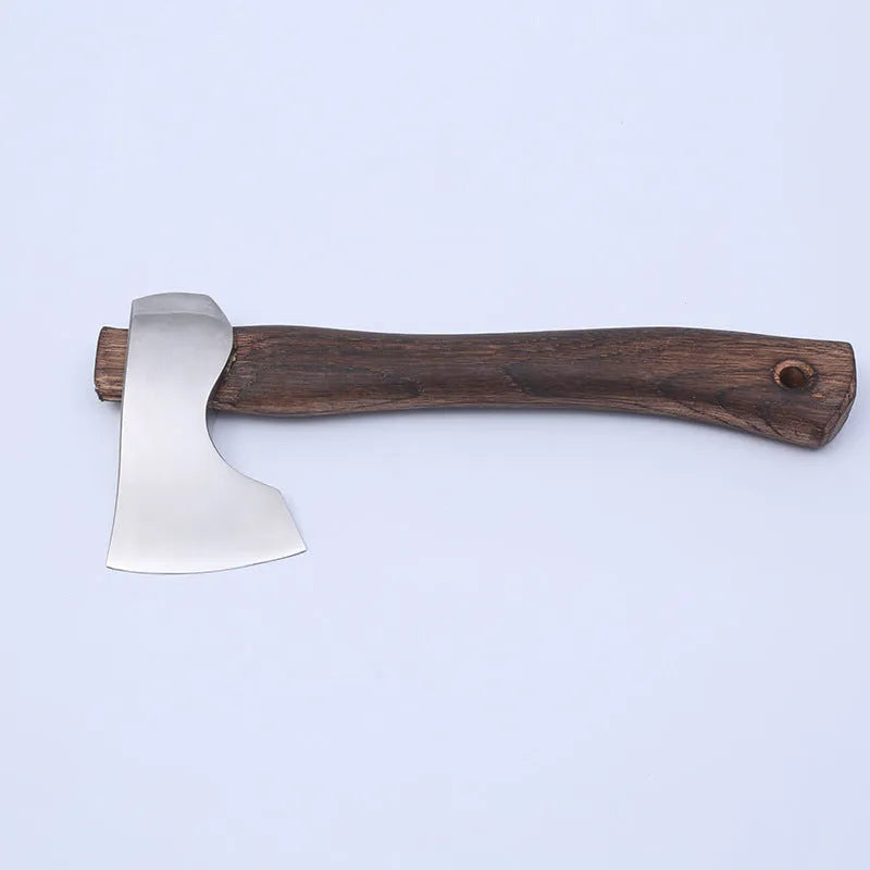 Camping axe with high carbon steel head and wooden handle showing 250mm dimensions