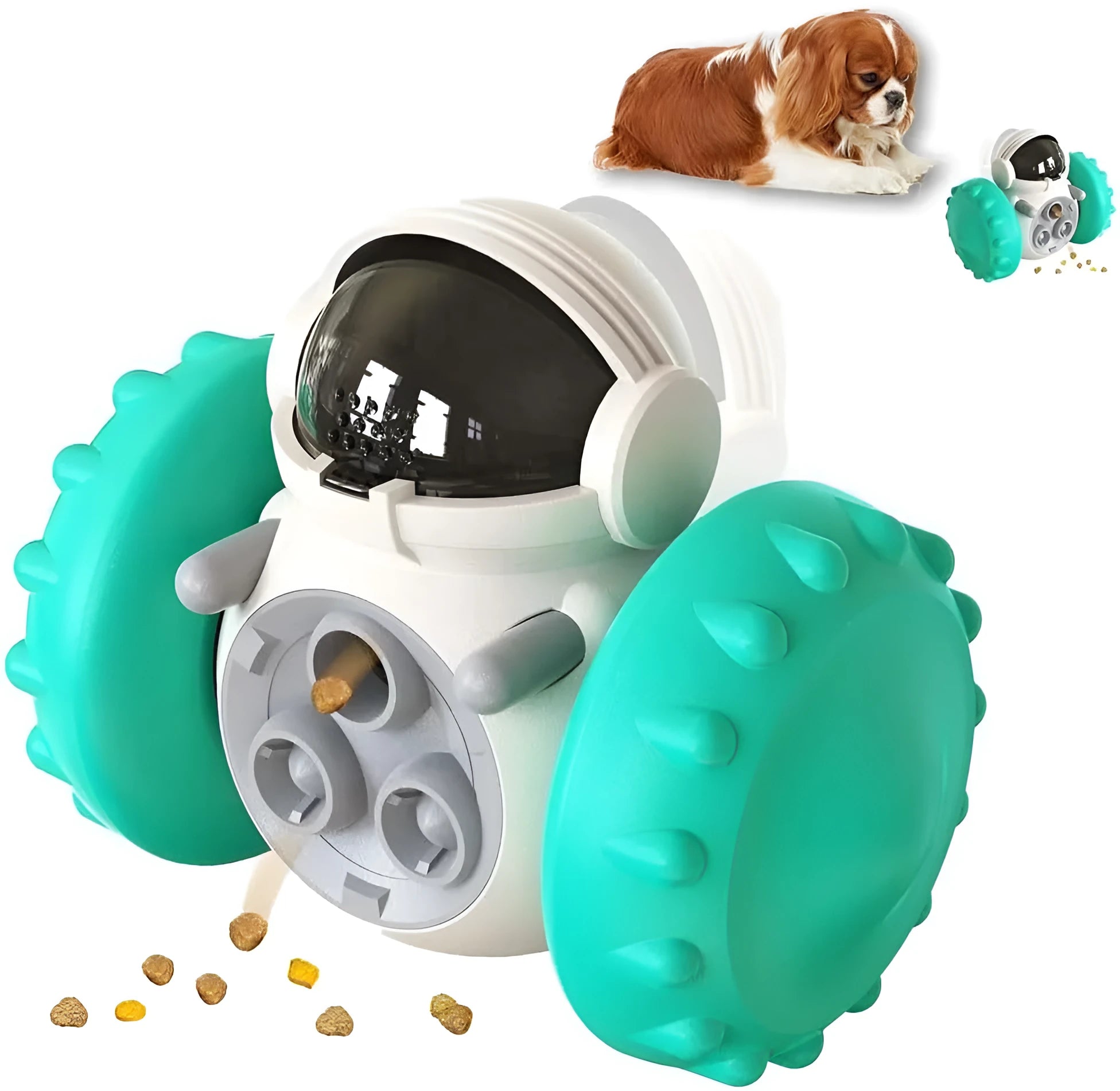 Self-balancing interactive dog treat dispenser toy in five colour options for small pets