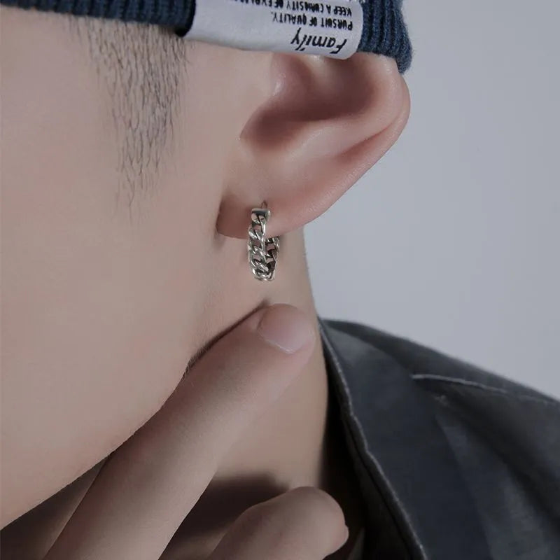 Silver geometric men's earrings made from copper, shown in 10mm and 14mm sizes as both single pieces and pairs.