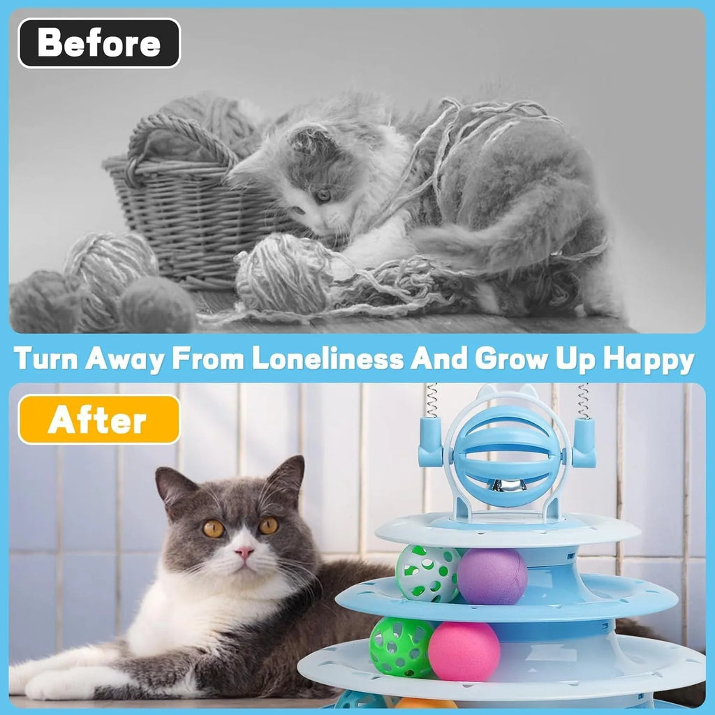 Blue four-tier interactive cat puzzle toy with rolling balls and teaser rods on a table.