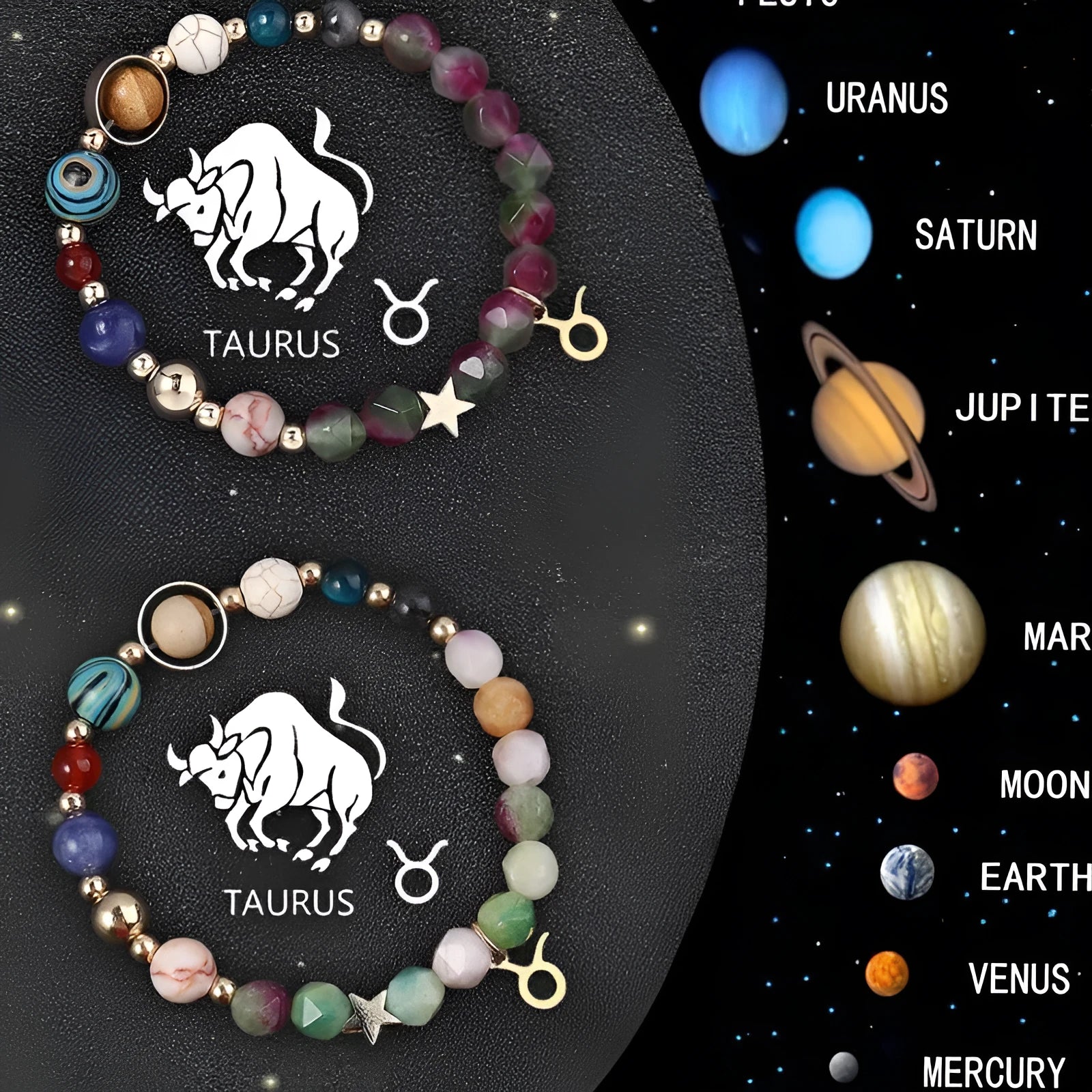 Two natural stone beaded bracelets with zodiac astrology designs