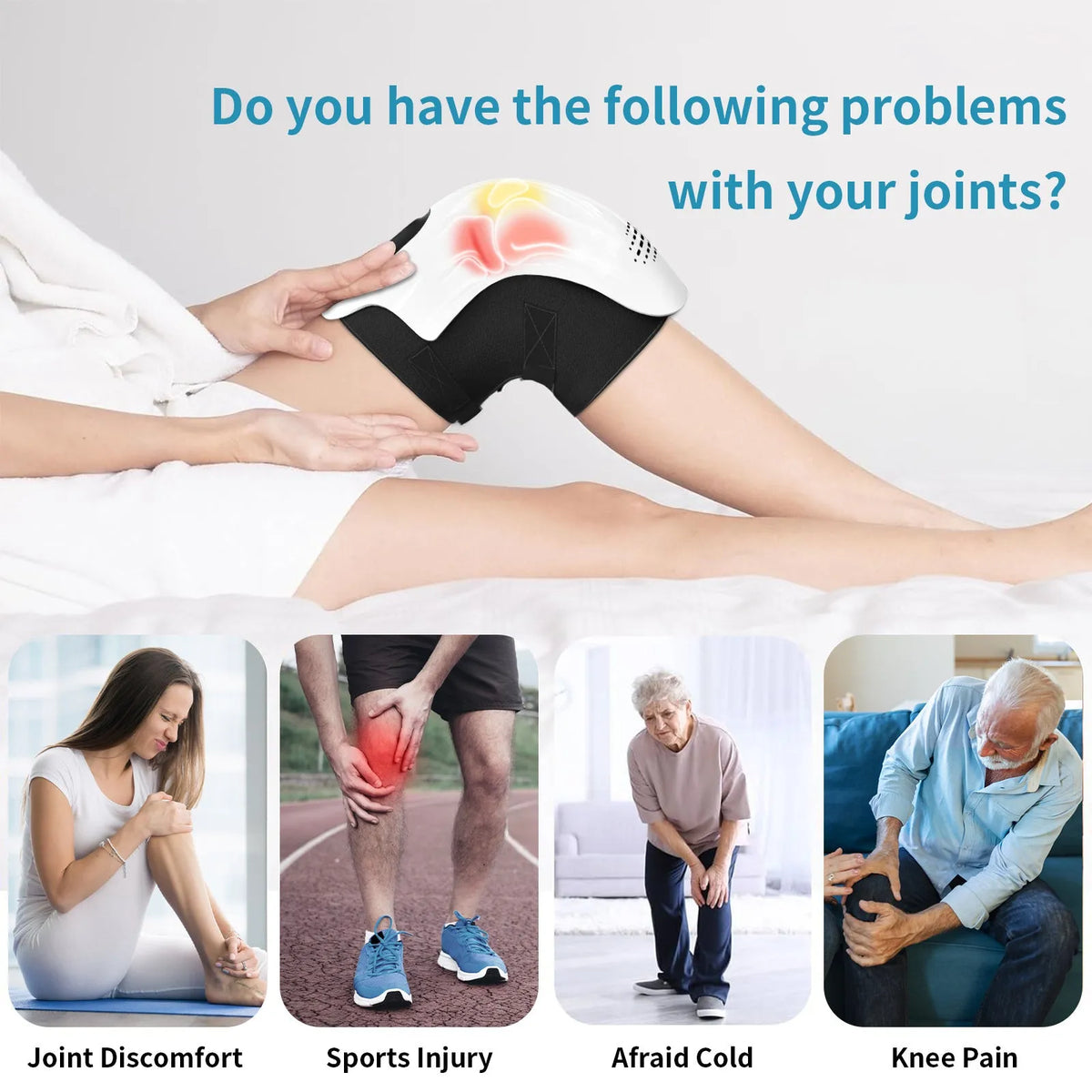 White rechargeable electric knee massager showing wrap design for infrared heat and vibration therapy.