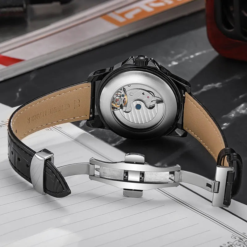 Men's waterproof luminous automatic watch with steel case and black dial on leather strap