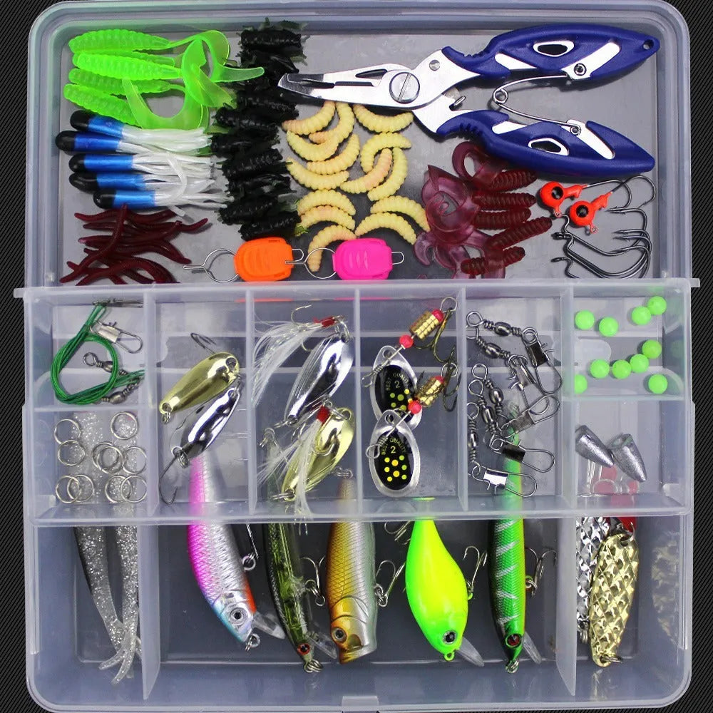 Junior fishing lure suit with PP plastic box containing soft plastic baits including colour thread Lei frog lures