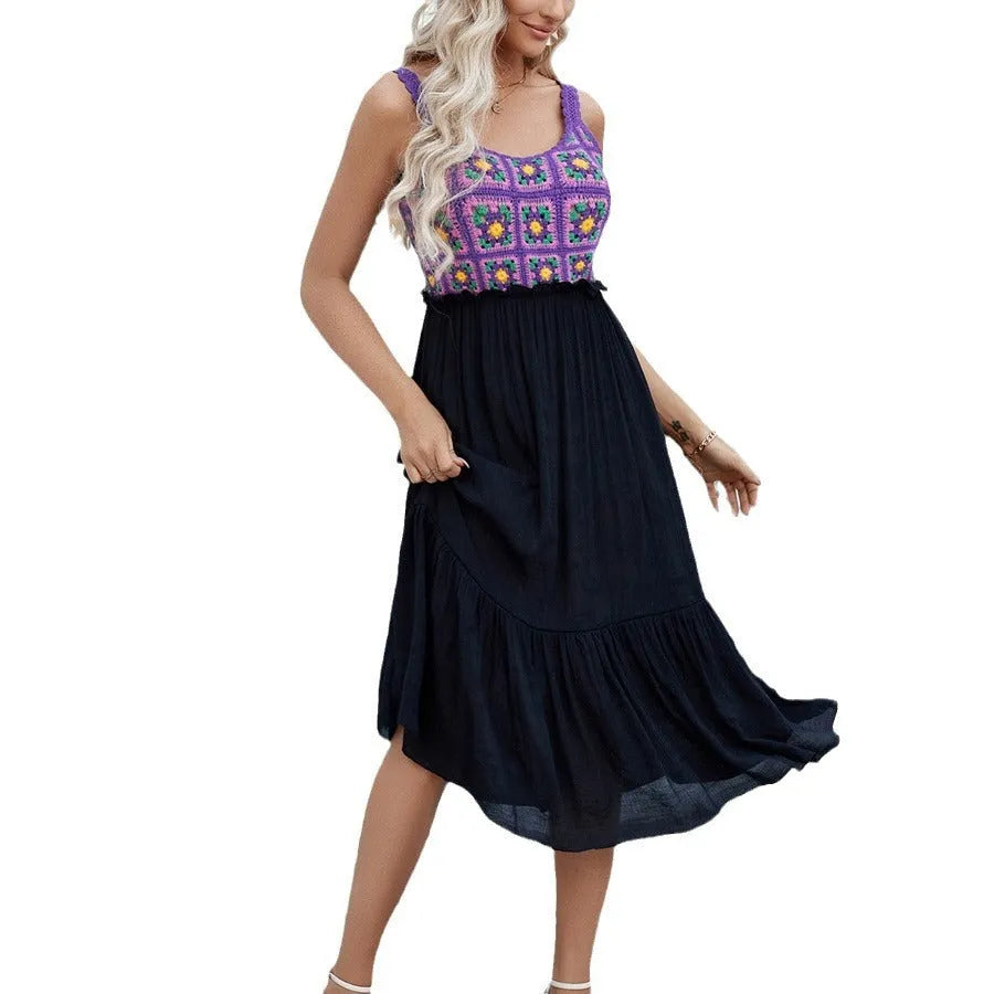 Purple sleeveless dress with hand-hooked flower stitch embroidery on cotton blend fabric