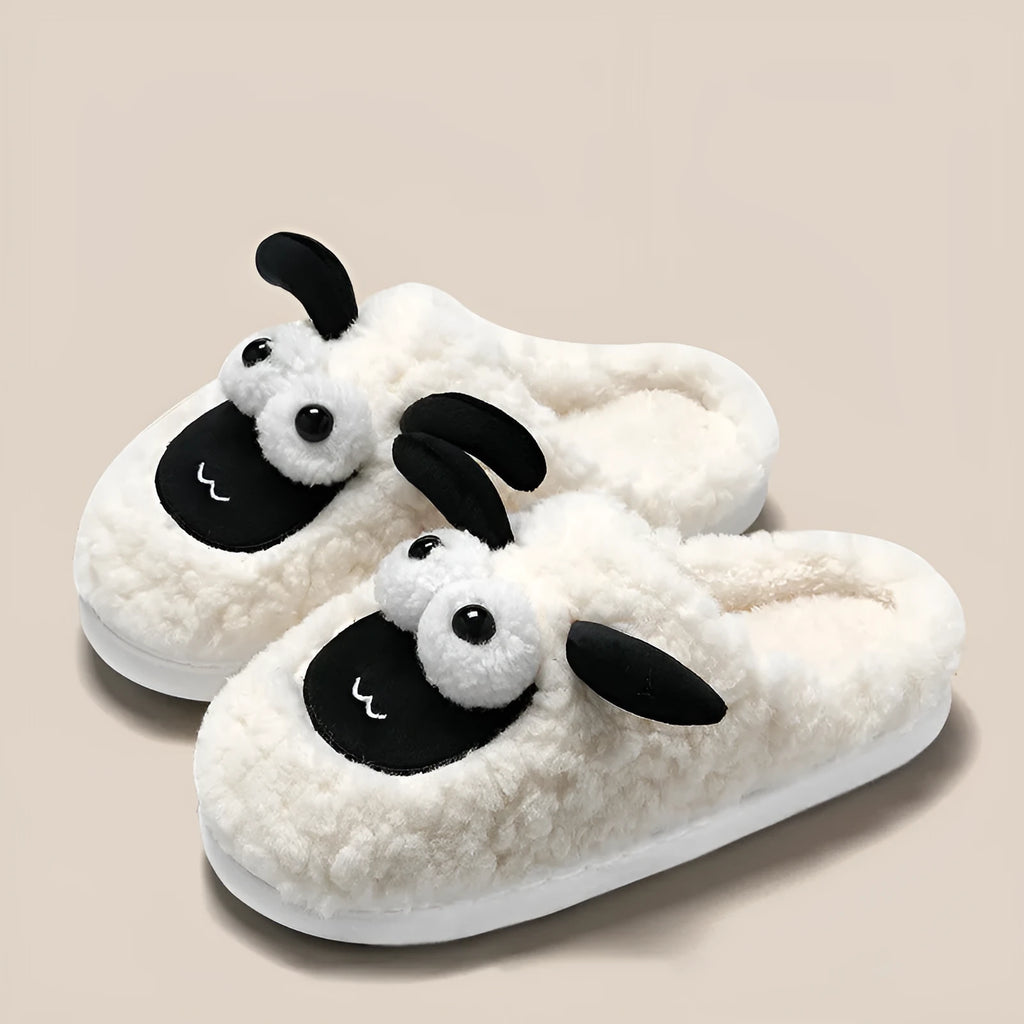 Brown lamb thermal cotton slip-on slippers for men and women on a white background.