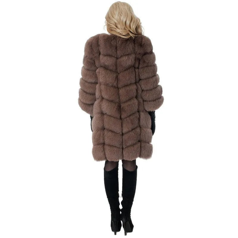Women's artificial fur coat in apricot colour with regular sleeves and 80cm length