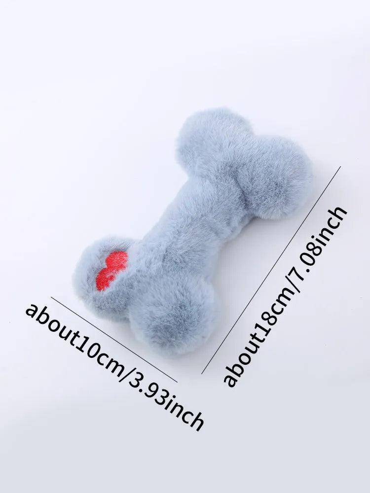 Plush love bone dog toy with squeaker in blue pink yellow colours