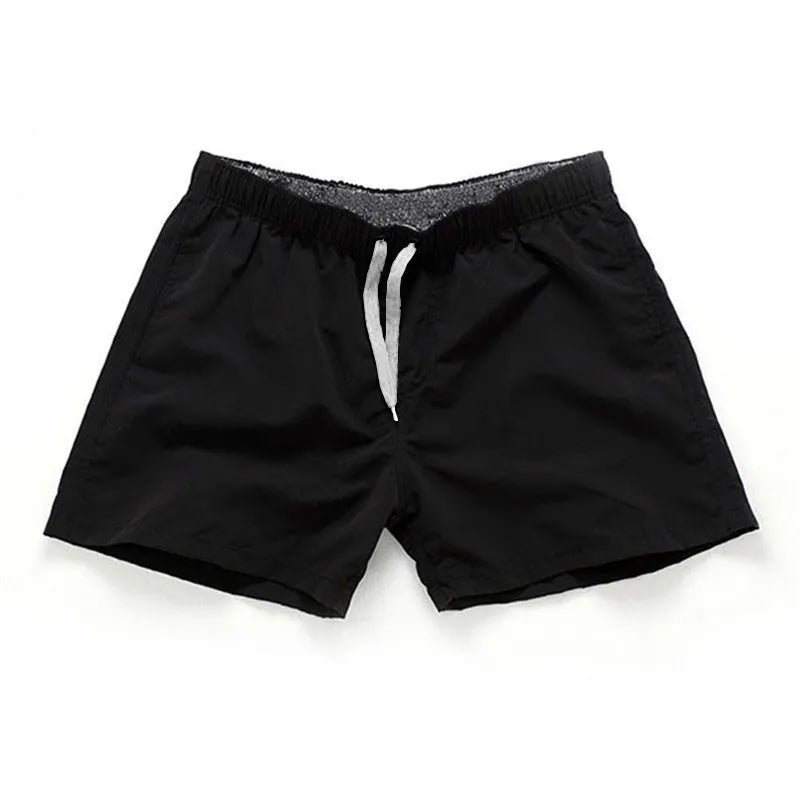 Men's straight leg beach shorts in polyester, shown in multiple colours and plus sizes.