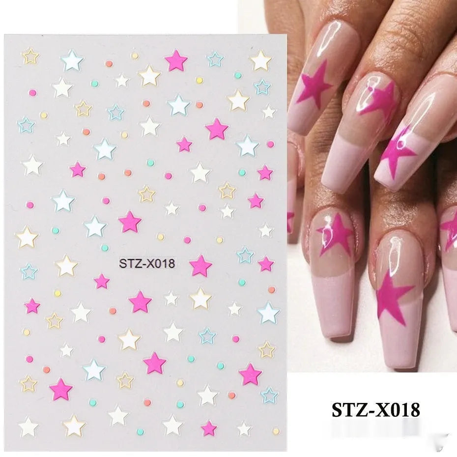 Cartoon love pattern nail art sticker decals in black and silver colours on a plastic sheet.
