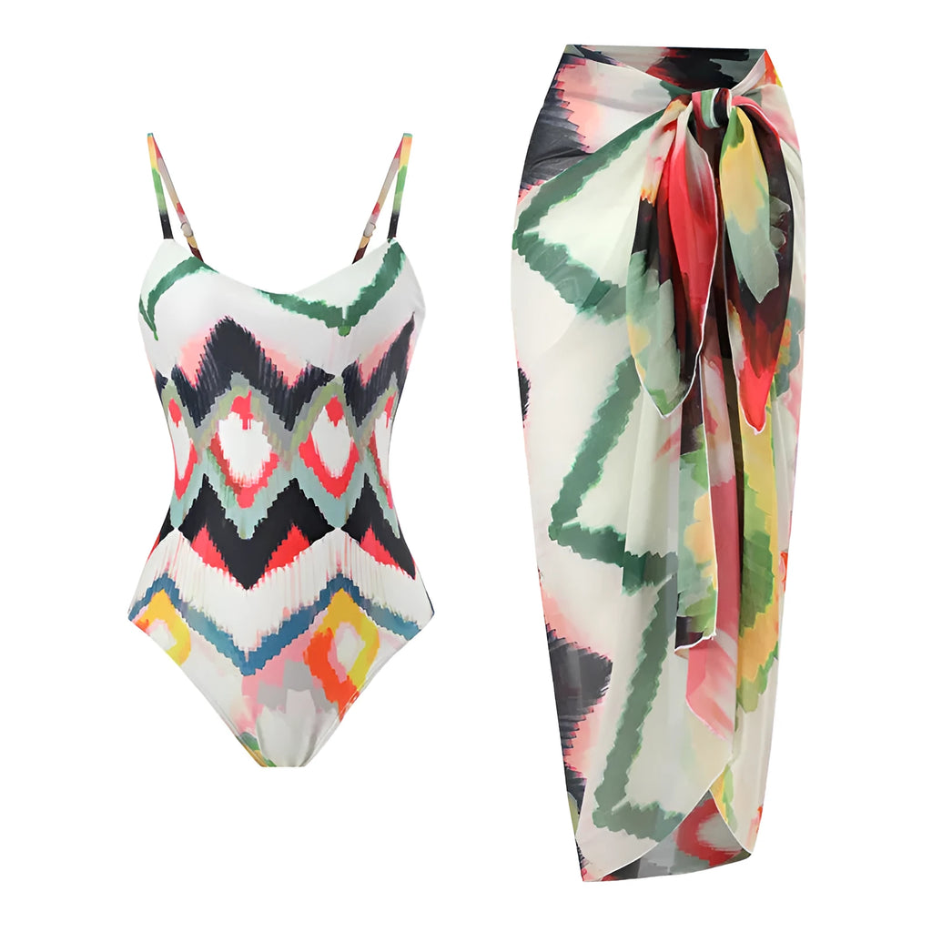 Women's printed two-piece swimsuit set with matching hip skirt in quick-dry polyester fabric