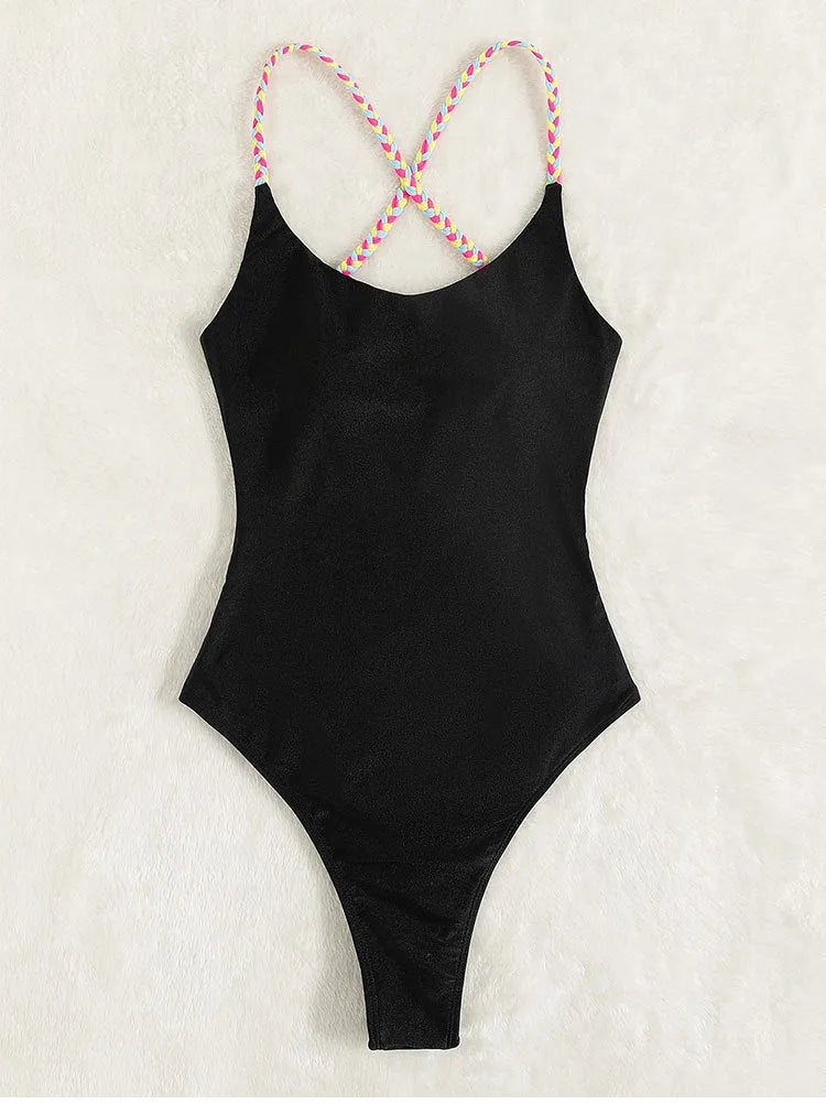 Black backless one-piece swimsuit for women made from nylon fabric in sleeveless design