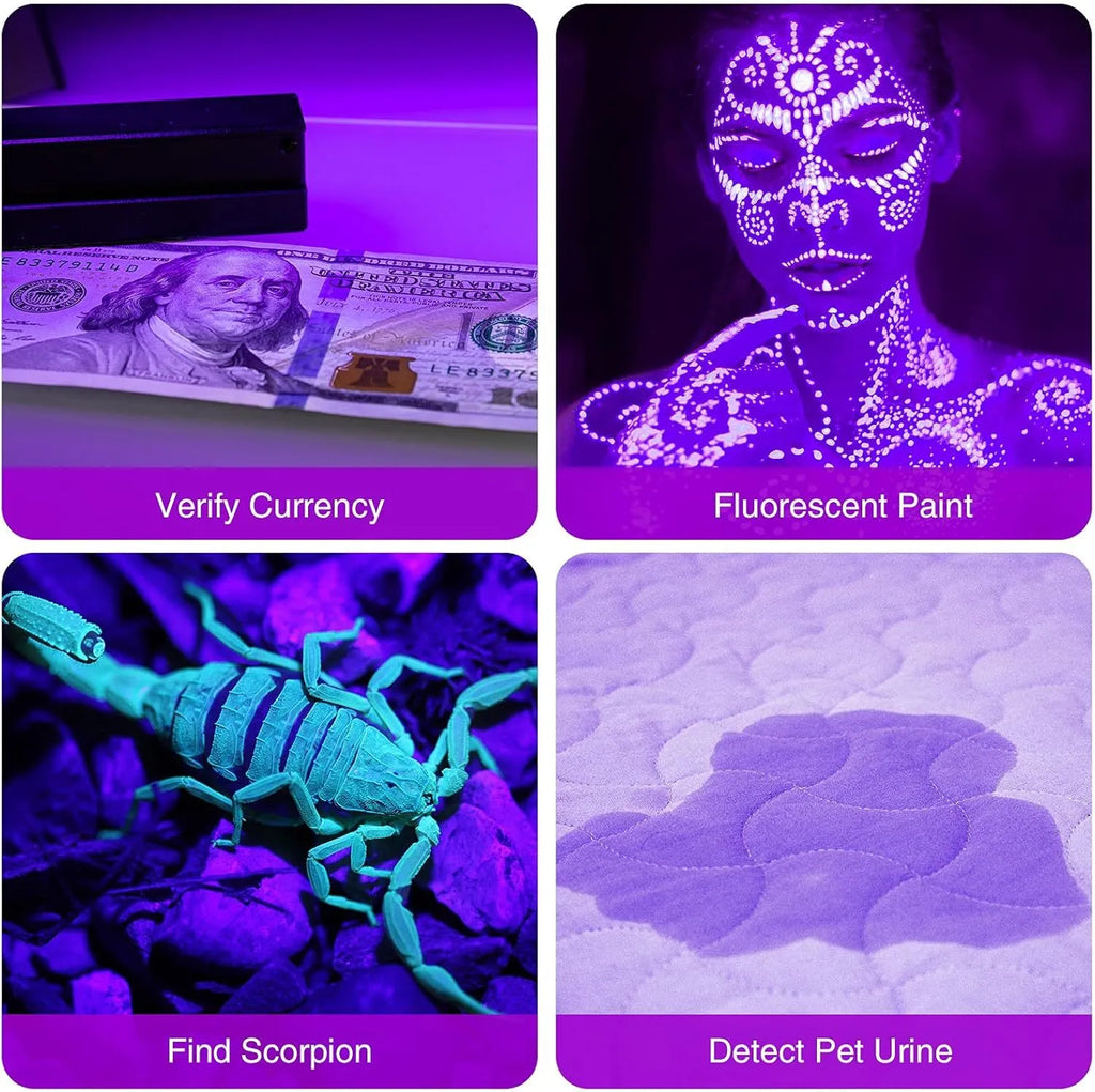 Black aluminium UV flashlight with purple LED for detecting pet stains and pests
