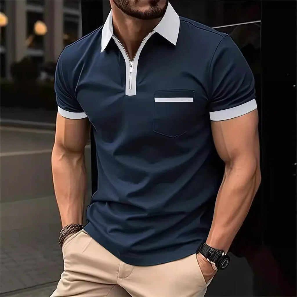 Men's casual short sleeve shirt with chest pocket and zipper detail in a loose fit